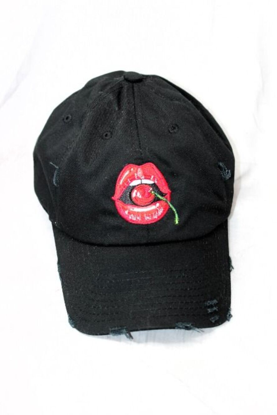 NWOT Field Grade Red Lips Biting Cherry~Black Adj Ball Cap Distressed RARE Find